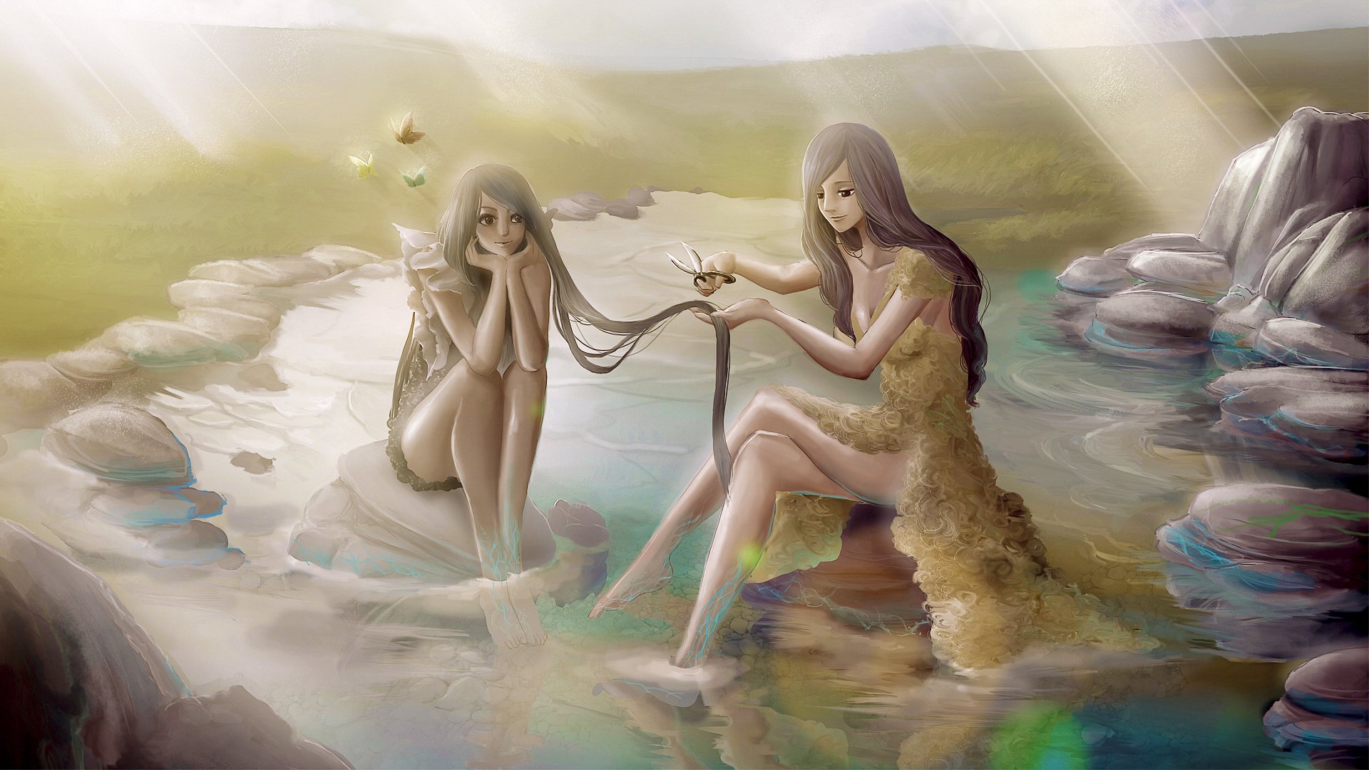 painting art girls sister long hair scissors butterfly nature water ray