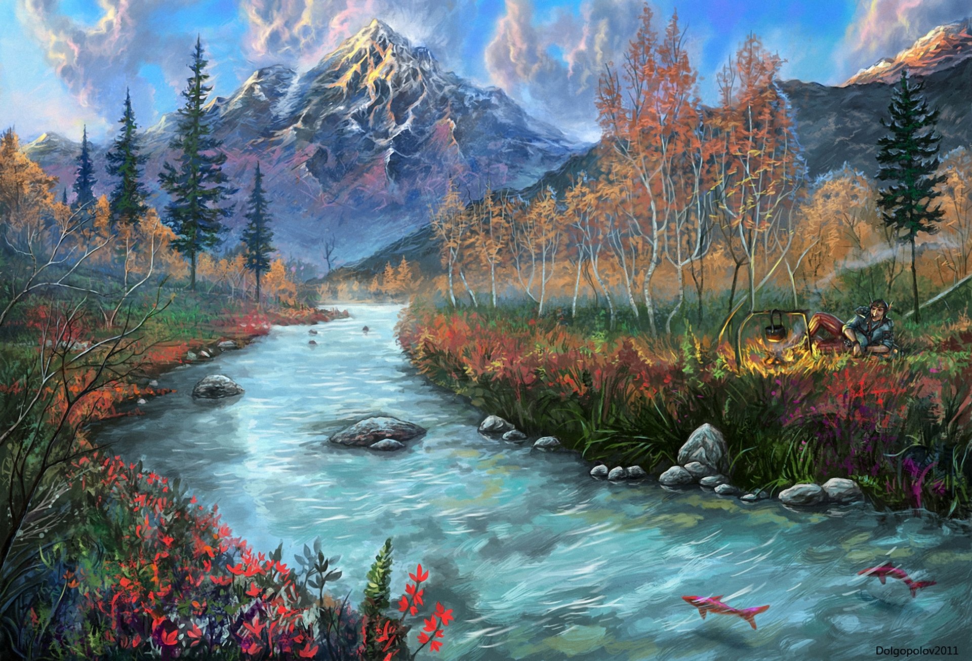 kunst gezeichnete landschaft fische fluss berge steine mann