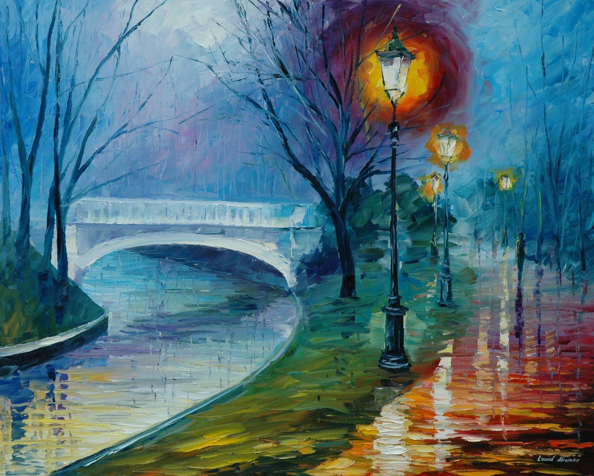 leonid afremov weather rain lamps light road water river bridge