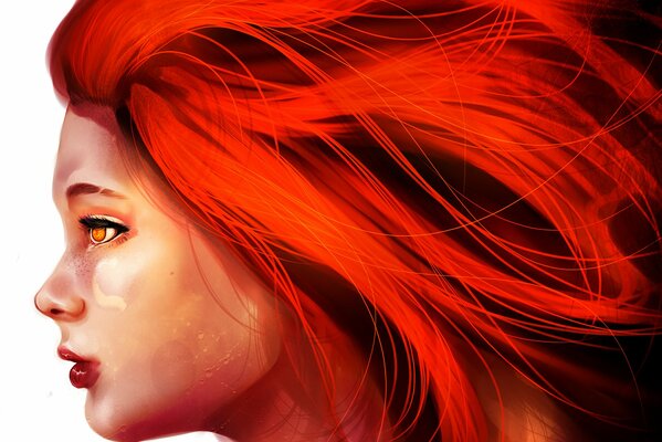 Fiery red-haired girl with red lips