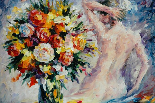 Das Gemälde von Leonid Afremov Ein Mädchen und ein Blumenstrauß in einer Vase 