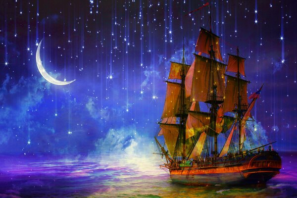 A fabulous ship on the background of the starry sky