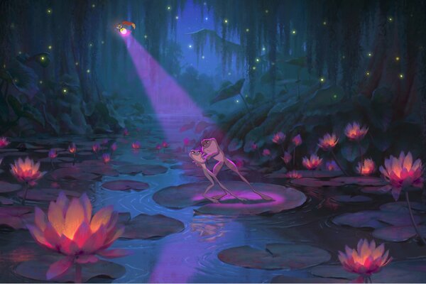 Les grenouilles du dessin animé Disney dansent parmi les Lotus