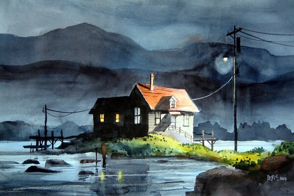 A house on the riverbank in the twilight of the night