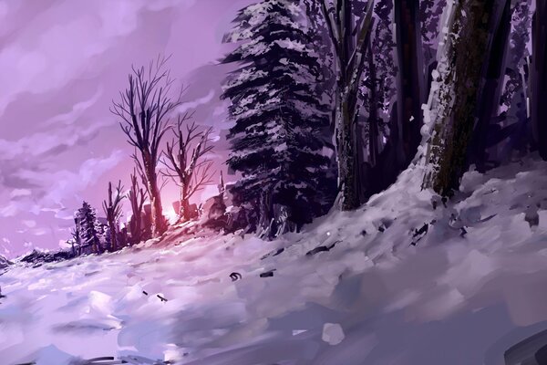 It s great to meet a sunset in the woods in winter