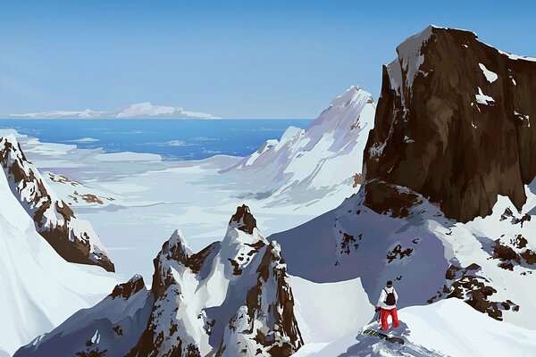 A snowboarder looks at the sea from snow-capped mountains, art drawing