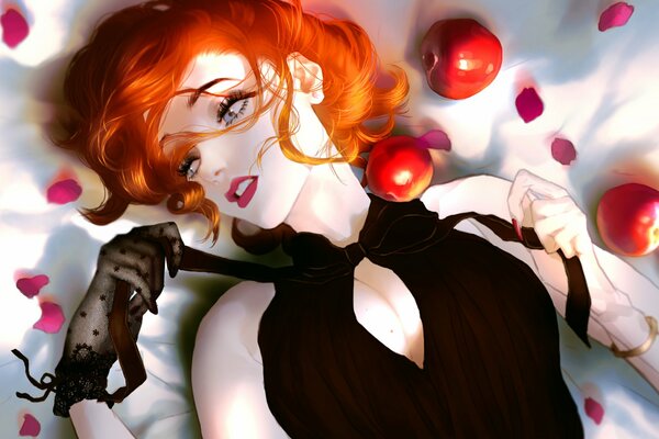 Art girl redhead apples petals