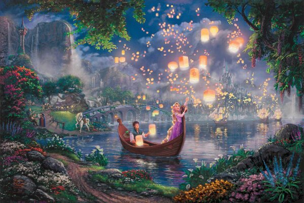 Rapunzel galleggia su una barca sullo sfondo di un palazzo e lanterne galleggianti