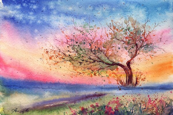 Landschaft mit Aquarell Abendwind 