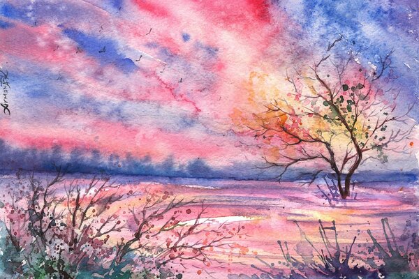 Watercolor multicolored landscape with a tree in the water