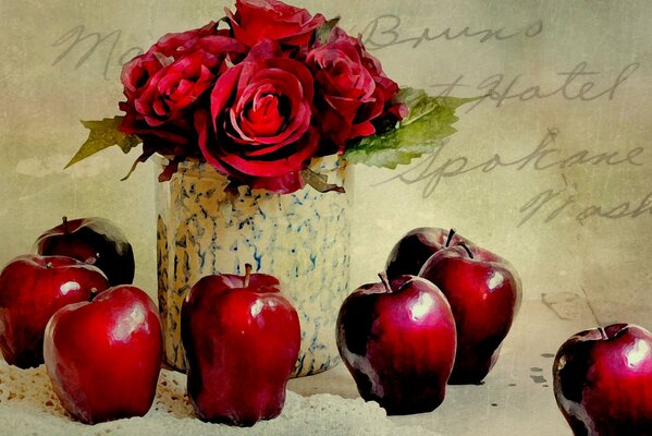 Bright still life with roses and apples