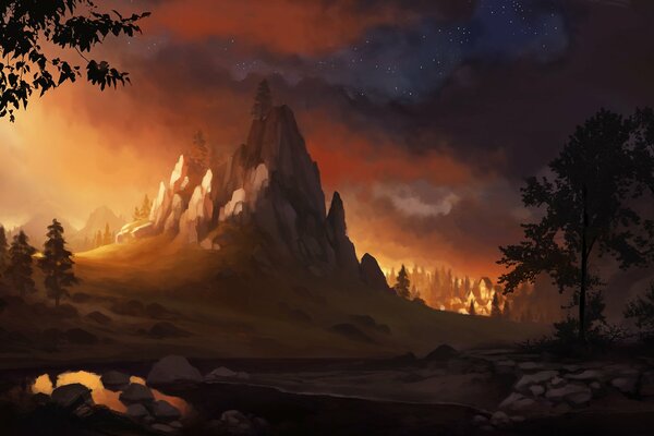 Paysage peint avec des montagnes et de la forêt