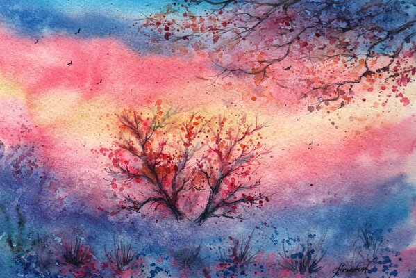 Einsamer Baum Aquarell Landschaft