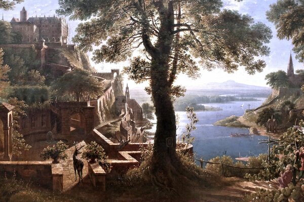 Pintura de Karl Friedrich Schinkel castillo en la orilla del río