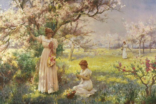 Девушки на прогулке в цветущем саду