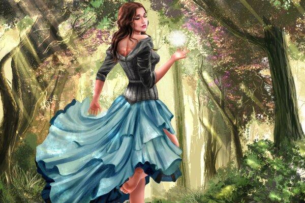 A girl in a dress. Beautiful forest