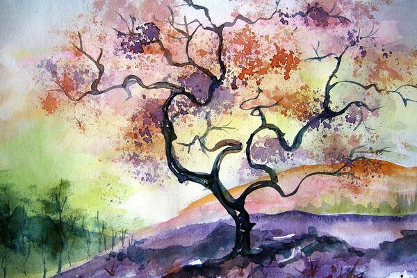 Watercolor drawing of a tree and mountains