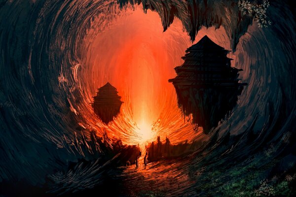 Fantástica cueva con fuego en las profundidades