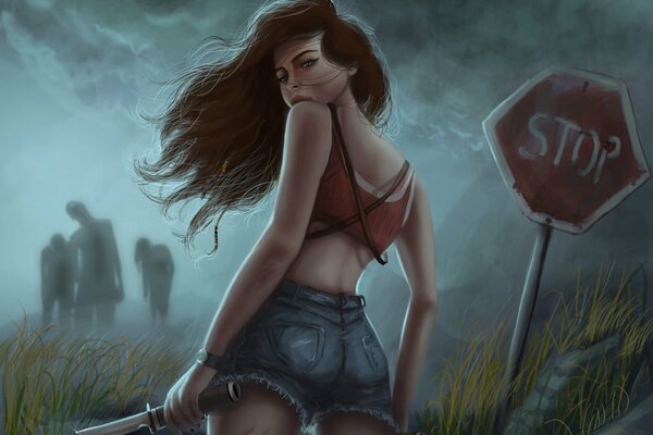 Vue de l art de la jeune fille à laquelle les zombies approchent