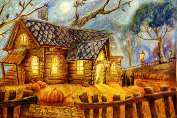 Casa di campagna notturna di fronte ad Halloween