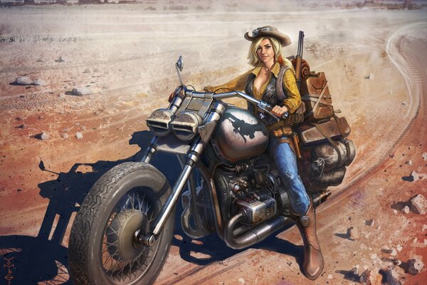 Cowboy girl on a motorcycle in the desert