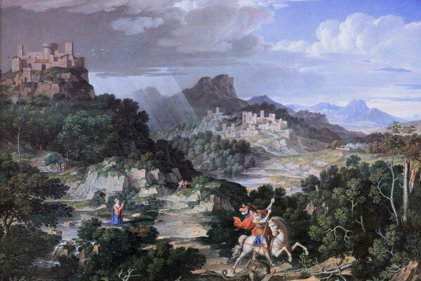 Pintura, paisaje, bosque, jinete del caballo ligero, castillo en la distancia