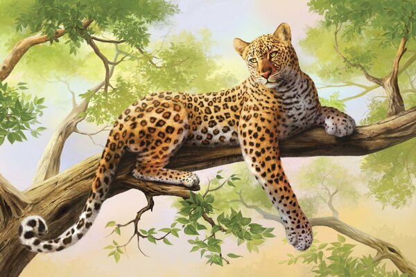 The leopard is lying on the branches of a tree