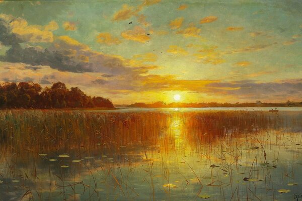 El paisaje del río con el reflejo de la puesta del sol en ella