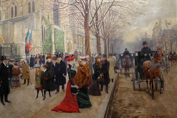 Donne francesi in pelliccia in attesa di una carrozza in una strada invernale