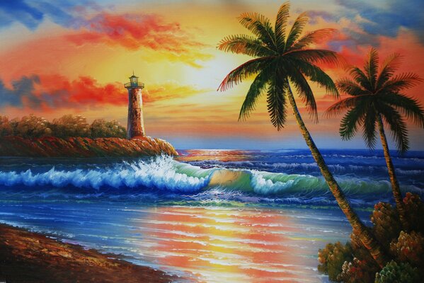 Malowanie wyspy z latarnią morską na morzu o zachodzie słońca
