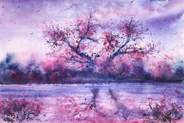 Paesaggio dipinto acquerello di riflessione dell albero nel fiume