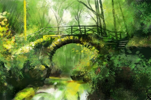 Ponte verde nella foresta misteriosa