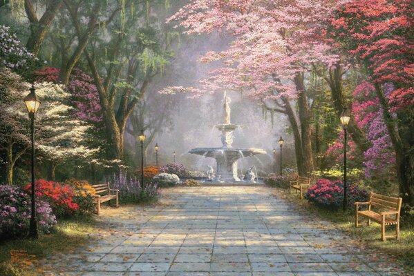 Une escapade romantique dans un jardin pittoresque de Thomas Kincaid