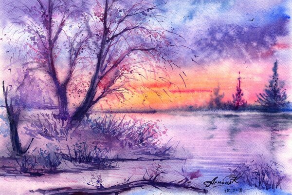 Winter landscape painted in watercolor