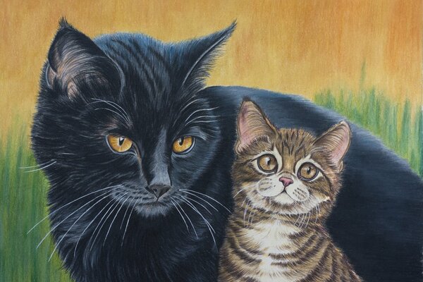 Chat noir dessiné avec chaton rayé dans l herbe