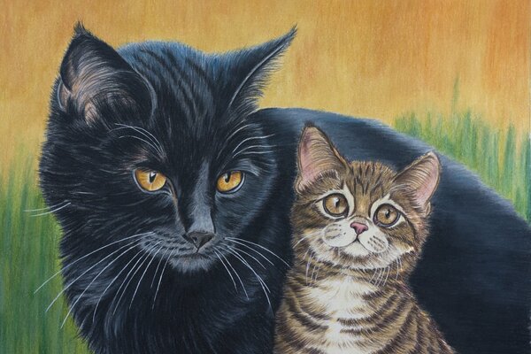 Gatto nero disegnato con gattino tabby nell erba