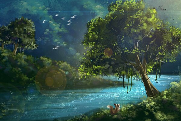 Painting summer river tree forest