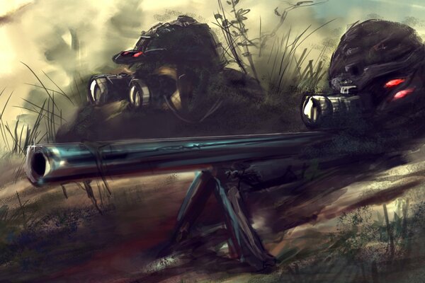 Image of two snipers on the background of earth and grass