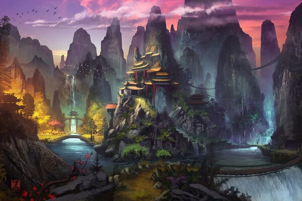 Paisaje de arte pintado, templo entre las montañas, con cascada, aves, puente