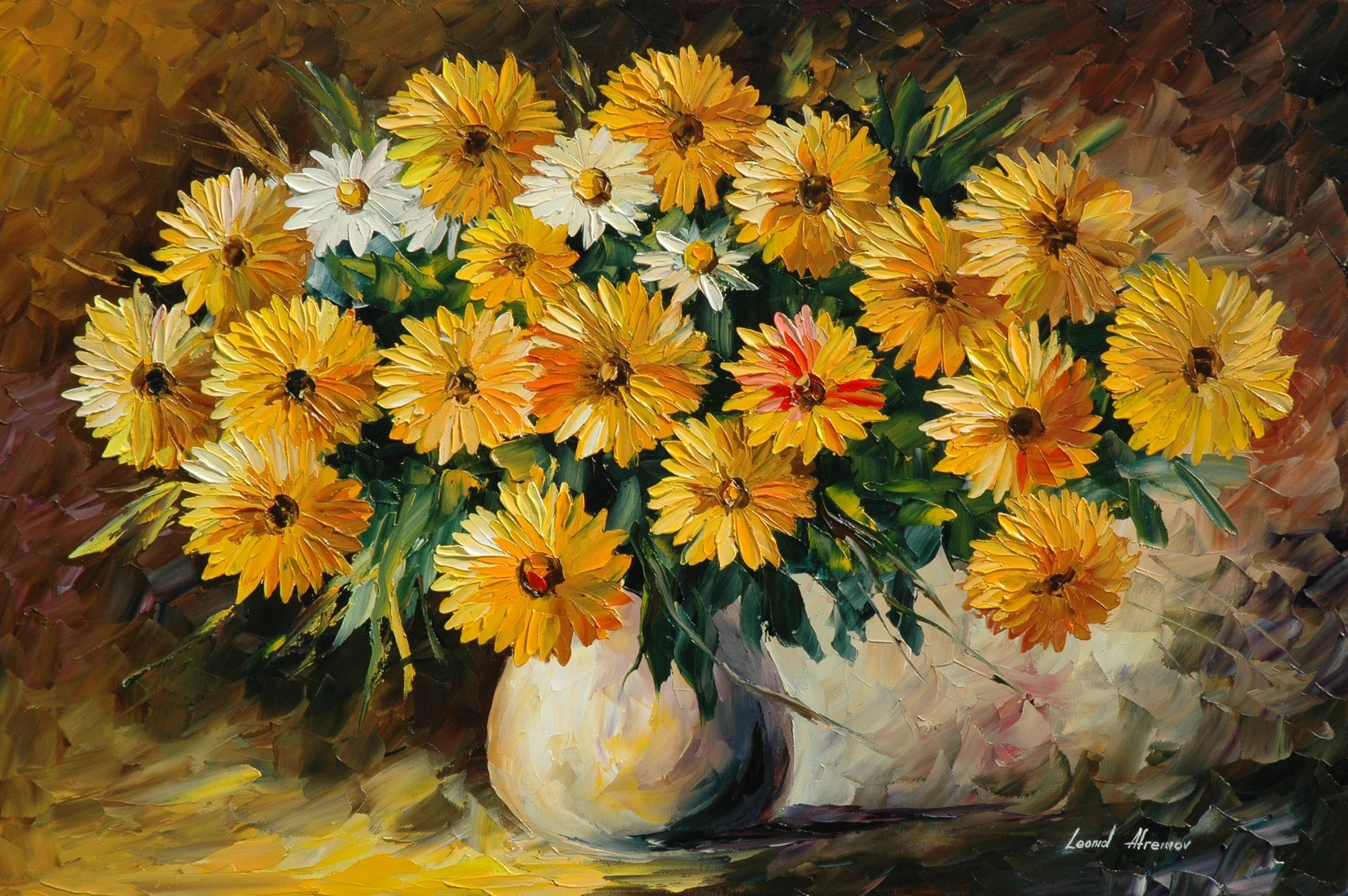 leonid afremov pintura flores ramo florero