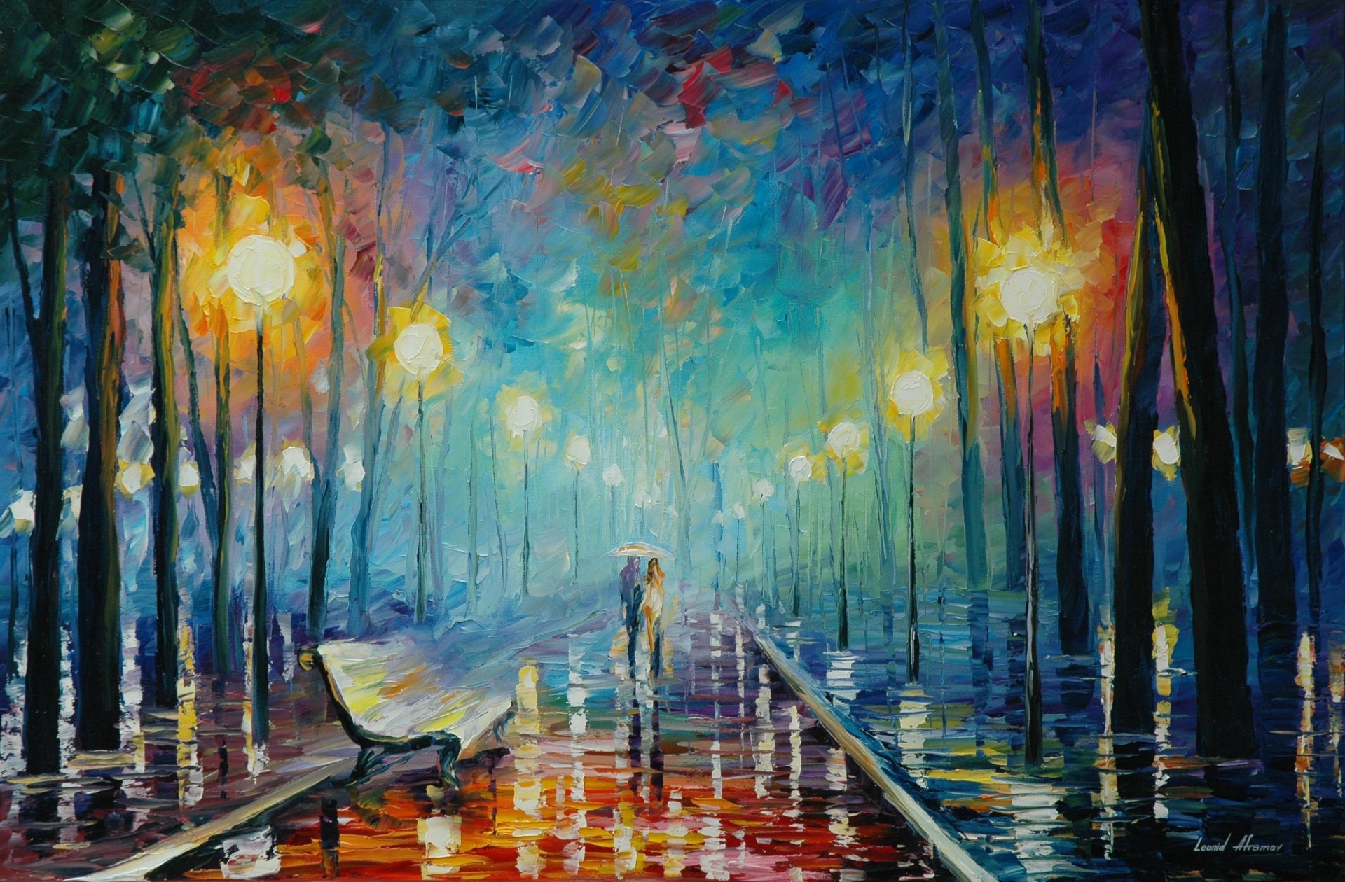 leonid afremov pittura coppia ombrello pioggia negozio autunno foglie lanterne luce