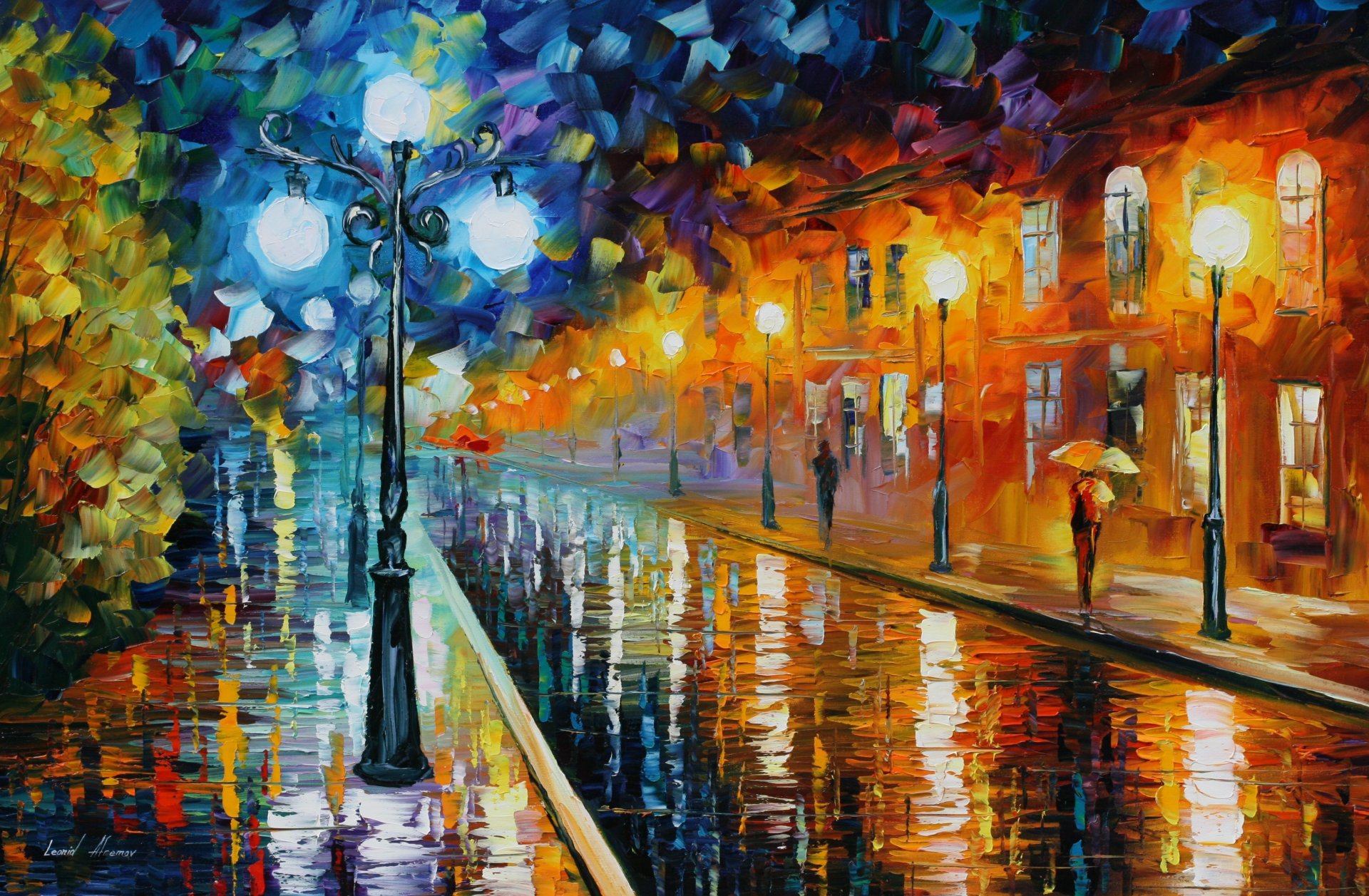 leonid afremov lanterna pioggia tempo casa strada persone ombrello