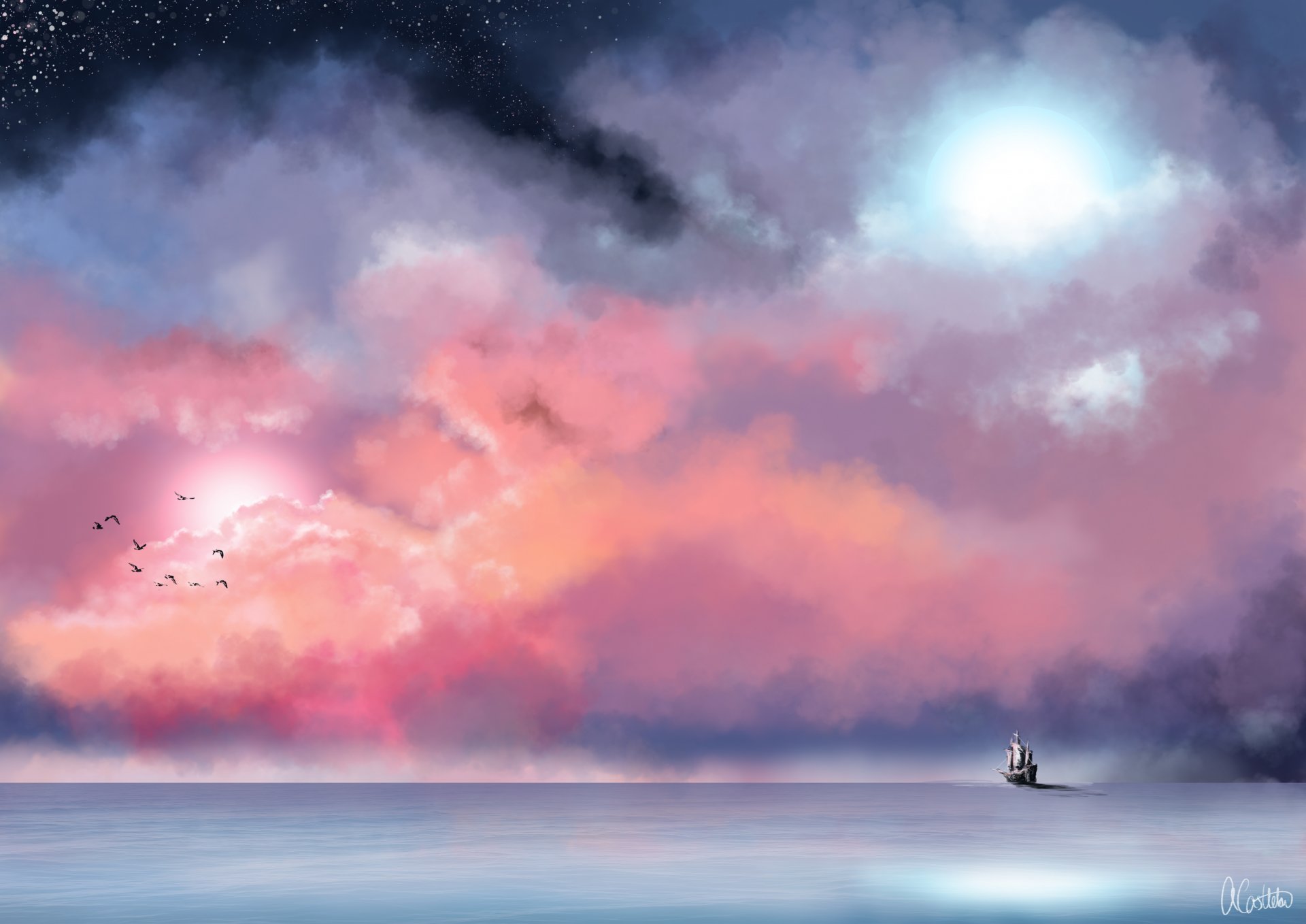 pintura mar barco niebla cielo nubes estrellas aves