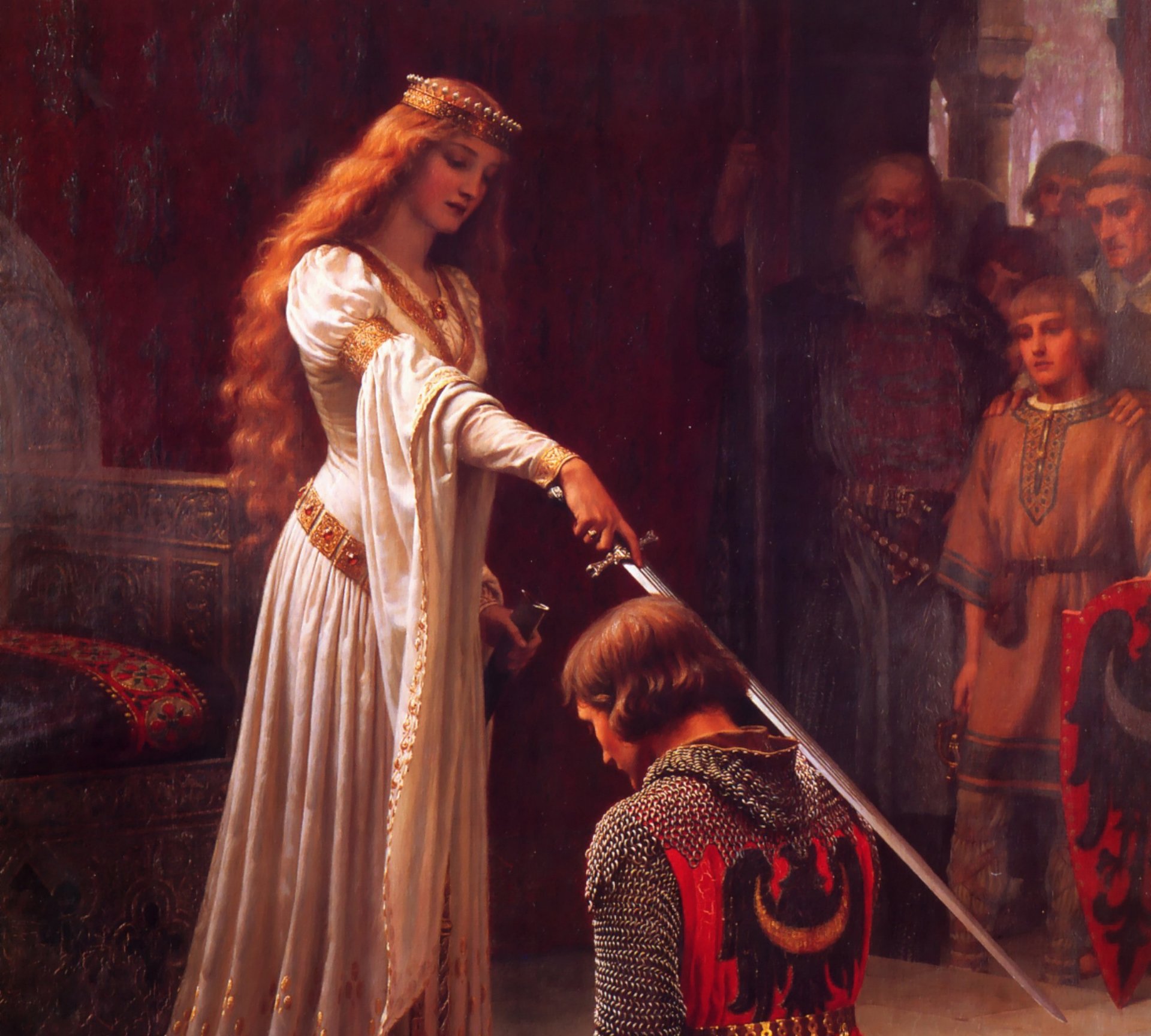 edmund blair layton englischer künstler romantik präraffaeliten mittelalter accolade bild schloss ritual königin guinevere lancelot-see ritter rüstung schwert präraffaeliten akkolade malerei