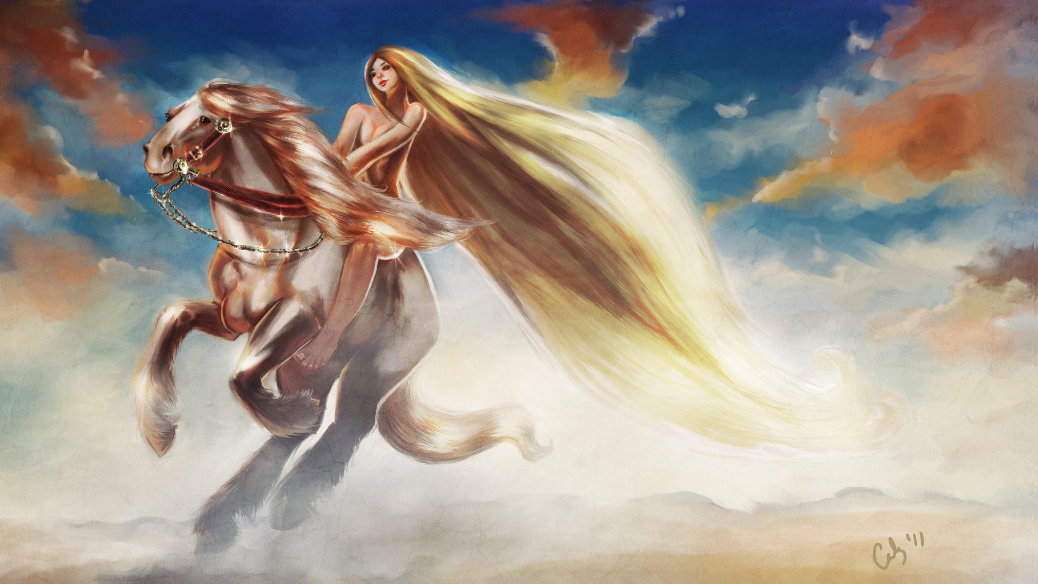 lady godiva kunst mädchen lange haare reitet pferd mähne tier himmel wolken