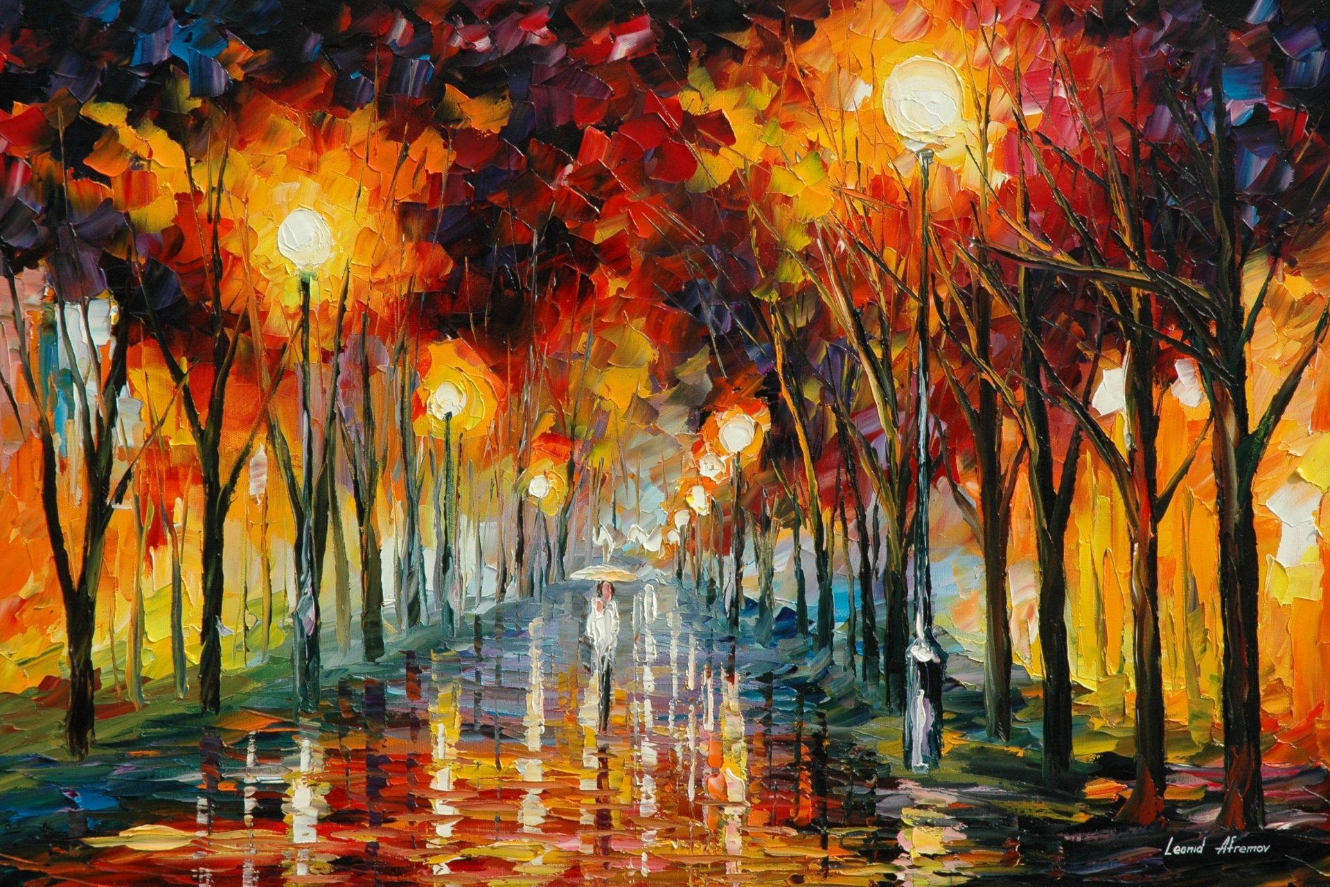 leonid afremov painting road reflection lamps rain man umbrella