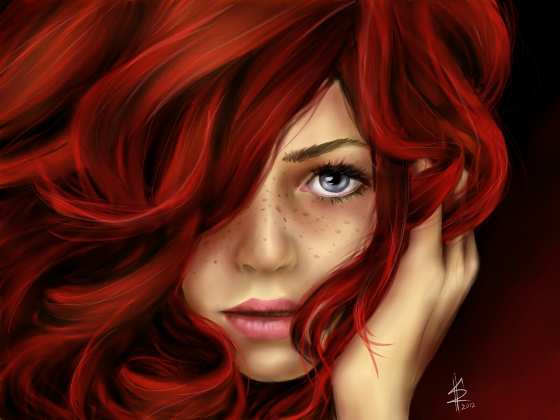 painting art girl red hair curls face view freckle