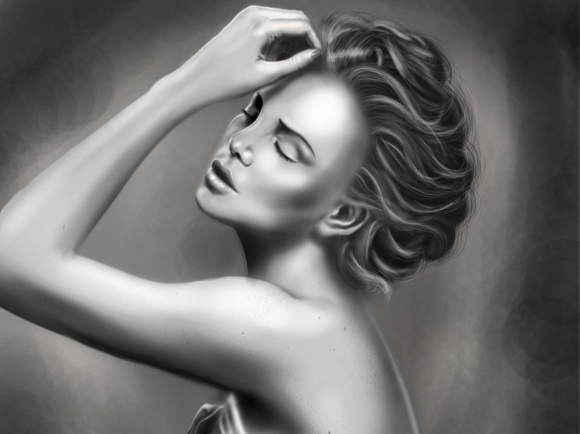 pintura arte chica ojos cerrados cara mano peinado cabello blanco y negro