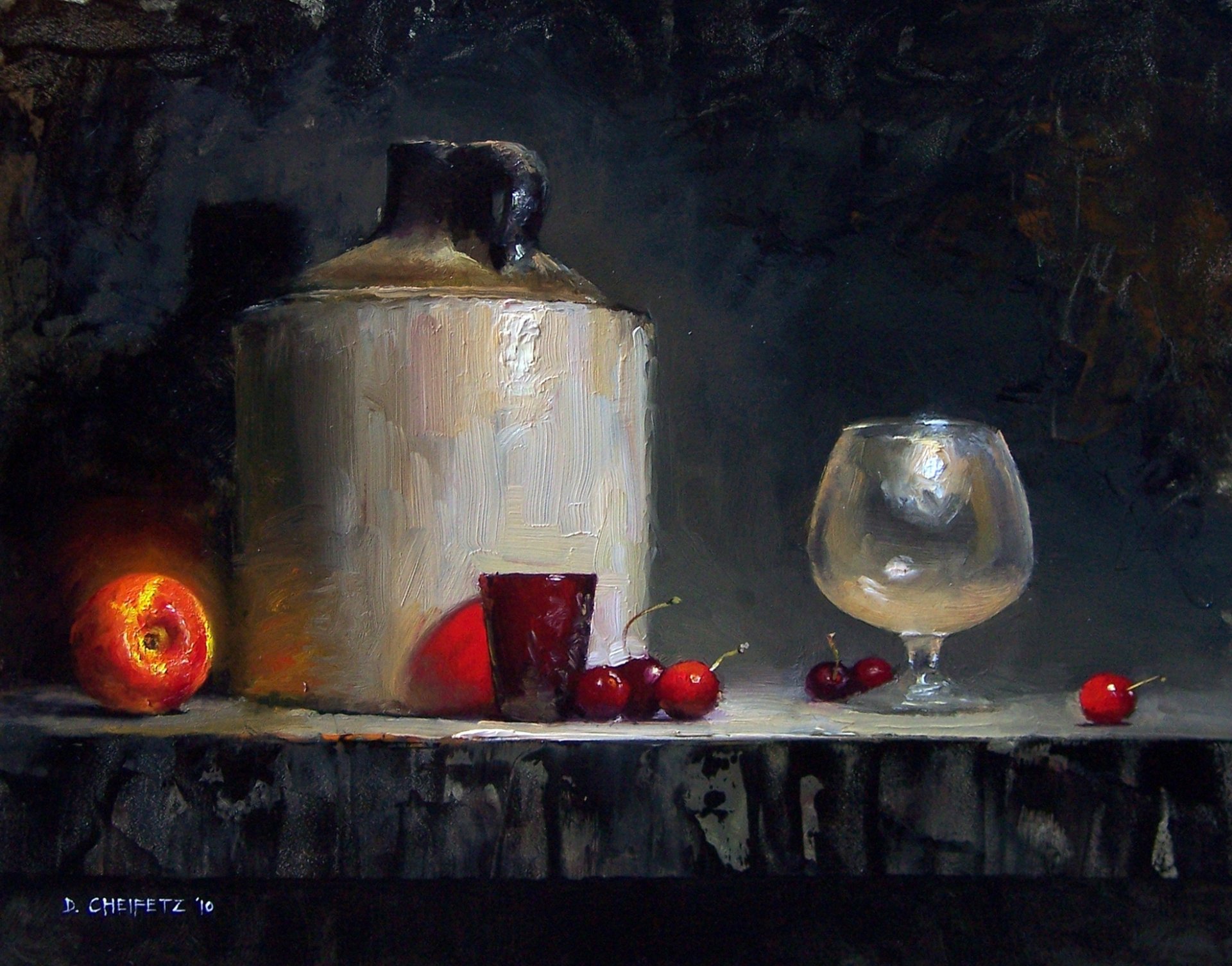 pintura naturaleza muerta david cheifetz mesa fruta bayas cereza melocotón copa de vino vidrio fondo oscuro luz sombra