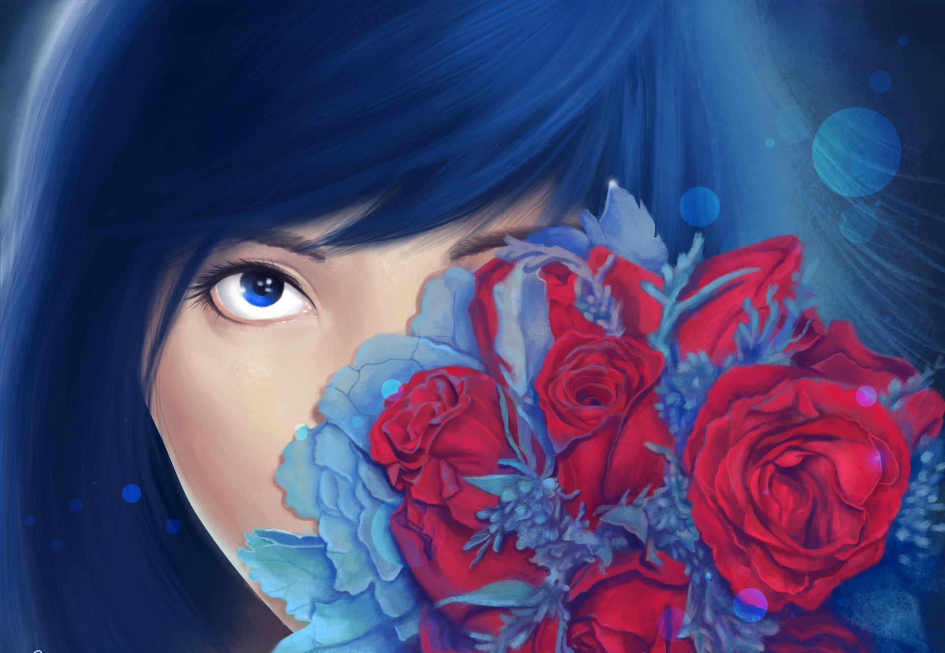 pintura arte chica. pelo azul cara mirada flores ramo rosas